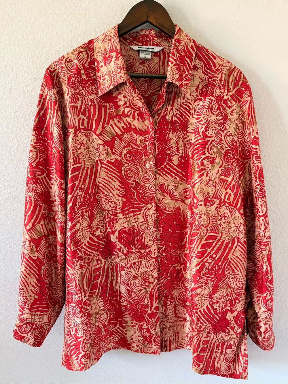 Vintage Nygard Collection 100% Silk Red Abstract Button Down Blouse Size 14